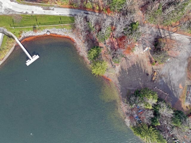 An aerial photograph of Faun Lake. A dock is visible.