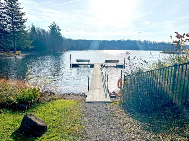 A photograph of a dock in Faun Lake in Johnsonburg, NY