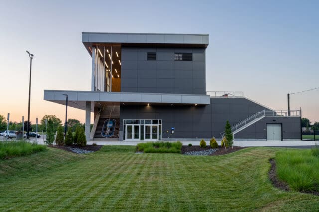 An exterior photograph of the side view of RIT's Judson Stadium