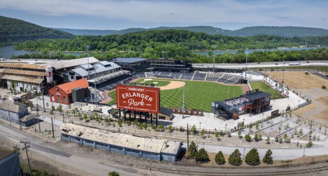 An aerial photograph of a baseball stadium called Erlanger Park.