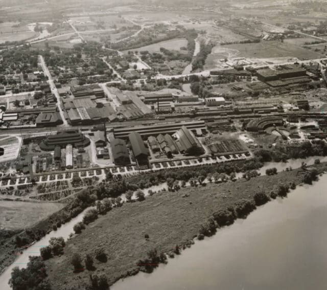 A historical aerial photograph of the US Pipe site