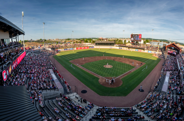 A panoramic photograph of a baseball stadium