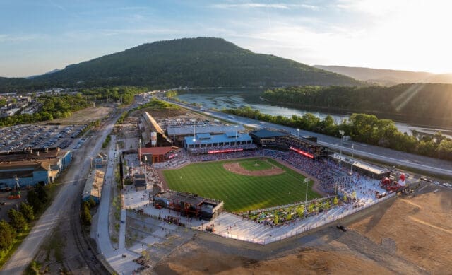 An aerial photograph of Erlanger Park with the Tennessee River in the background