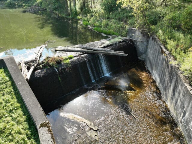 An aerial photograph of a dam