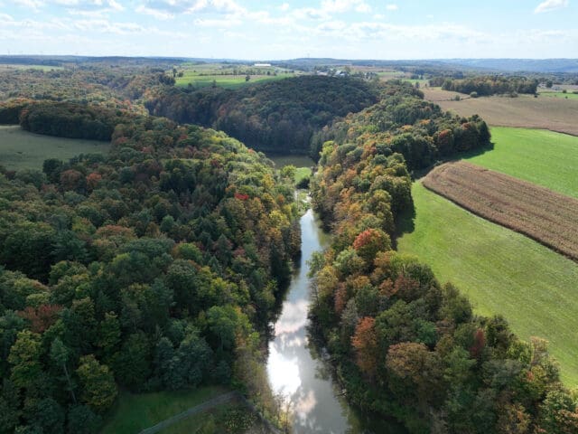 An aerial photograph of Crow Creek in Attica, NY
