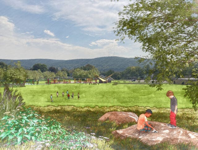 A sketch-style rendering of a park with children playing. Playground is in the far background.