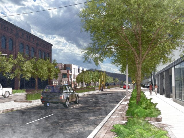 A sketch-style rendering of a road with a car and a tree-lined sidewalk with people walking.