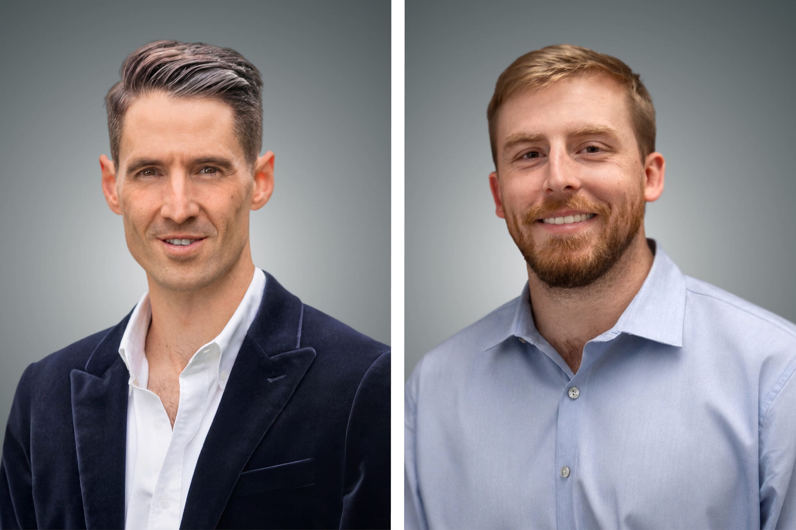 A side-by-side photograph collage. A professional headshot of Frank Filiciotto is on the left. A professional headshot of Starke Hipp is on the right.