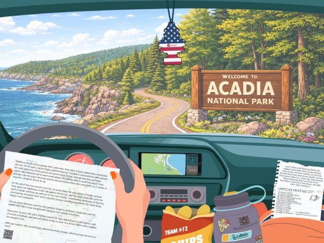 A graphic from the perspective of the driver of a car driving toward a sign that says Acadia National Park.
