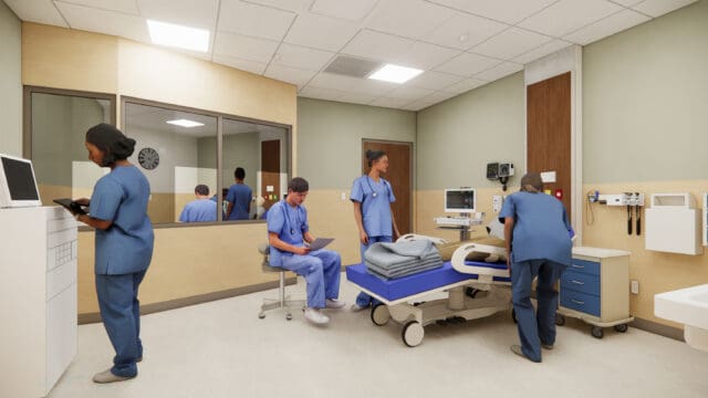 A simulation of healthcare professionals surrounding a hospital bed in a healthcare setting with a control room in the background.
