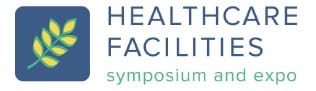 A graphic logo with a yellow and green leaf on top of a blue background. The text beside it says Healthcare Facilities Symposium and Expo.