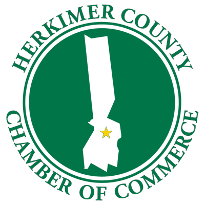 A graphic logo of a green circle with the silhouette of Herkimer County, New York, in the center. Above the circle says 