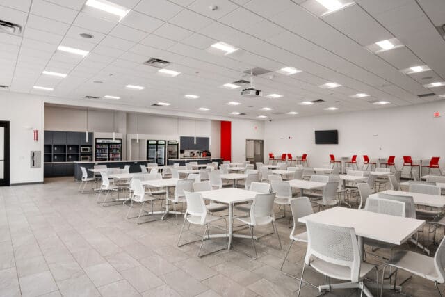 A photograph of a large office kitchen