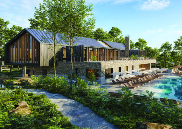 A photo-realistic rendering of a modern two-story building overlooking a pool and set in a wooded landscape.