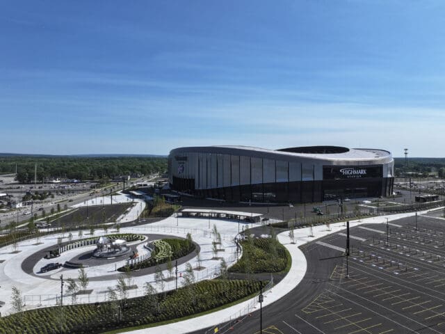 An aerial photograph of the exterior of the new Highmark Stadium