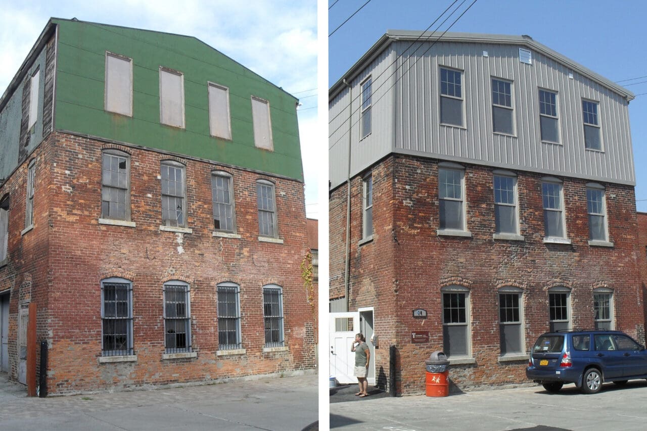 A side-by-side photo collage of a building before and after renovations. The building on the left is the before, with broken windows, boarded up windows, and unfinished siding. The building on the right is recently renovated with new windows, new siding, and a new door. 